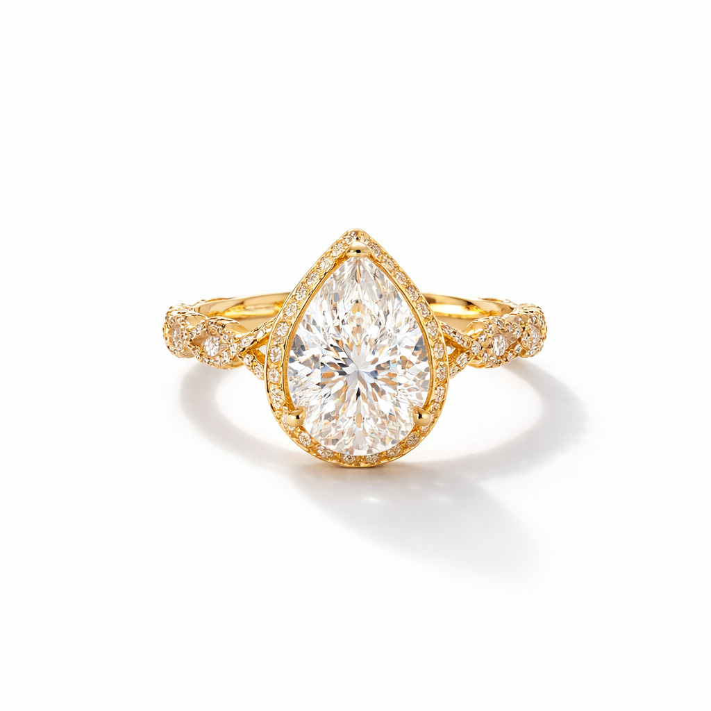 Pear-Cut Halo Moissanite Engagement Ring – Sterling Yellow Gold Finish