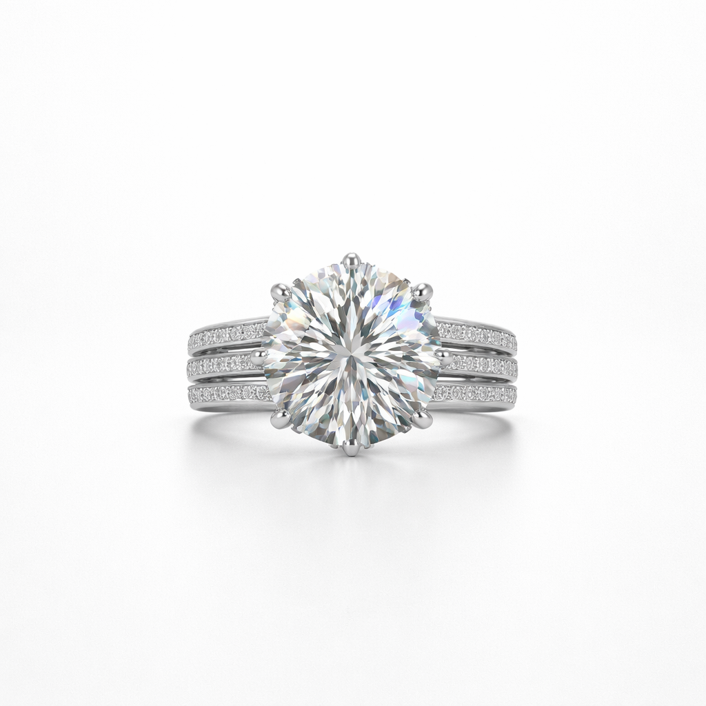 Round Triple-Band Moissanite Statement Ring – White Gold Finish