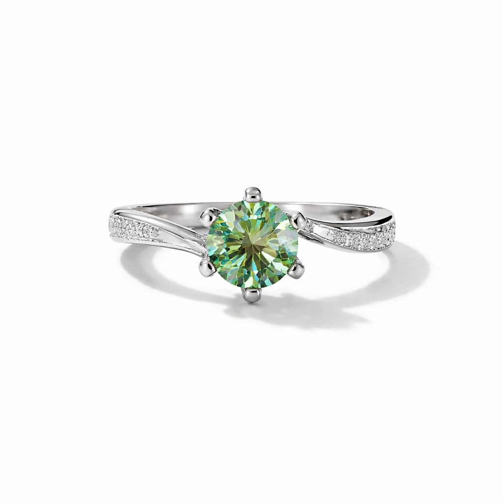 Green Moissanite Twist Ring – White Gold Finish