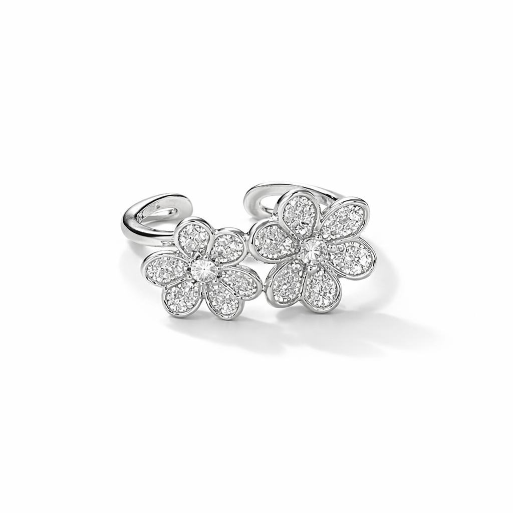 Double Floral Moissanite Ring – White Gold Finish