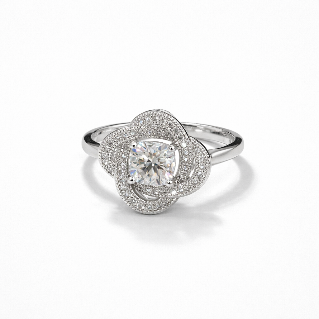 Rose Halo Moissanite Ring – White Gold Finish