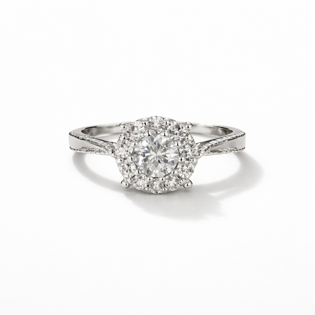 Round Halo Engagement Ring with Split Shank – White Gold Finish