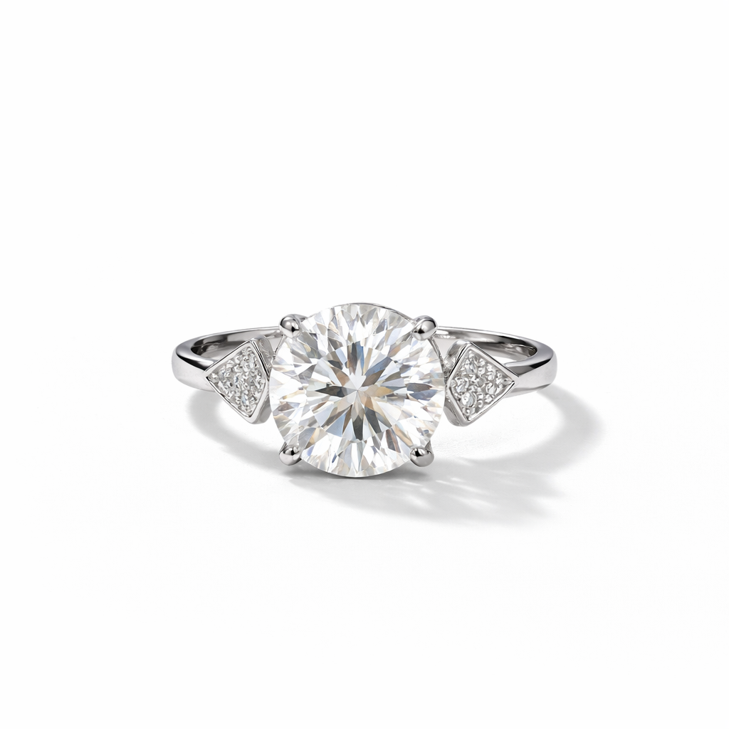 Round Solitaire Ring with Side Accents – White Gold Finish