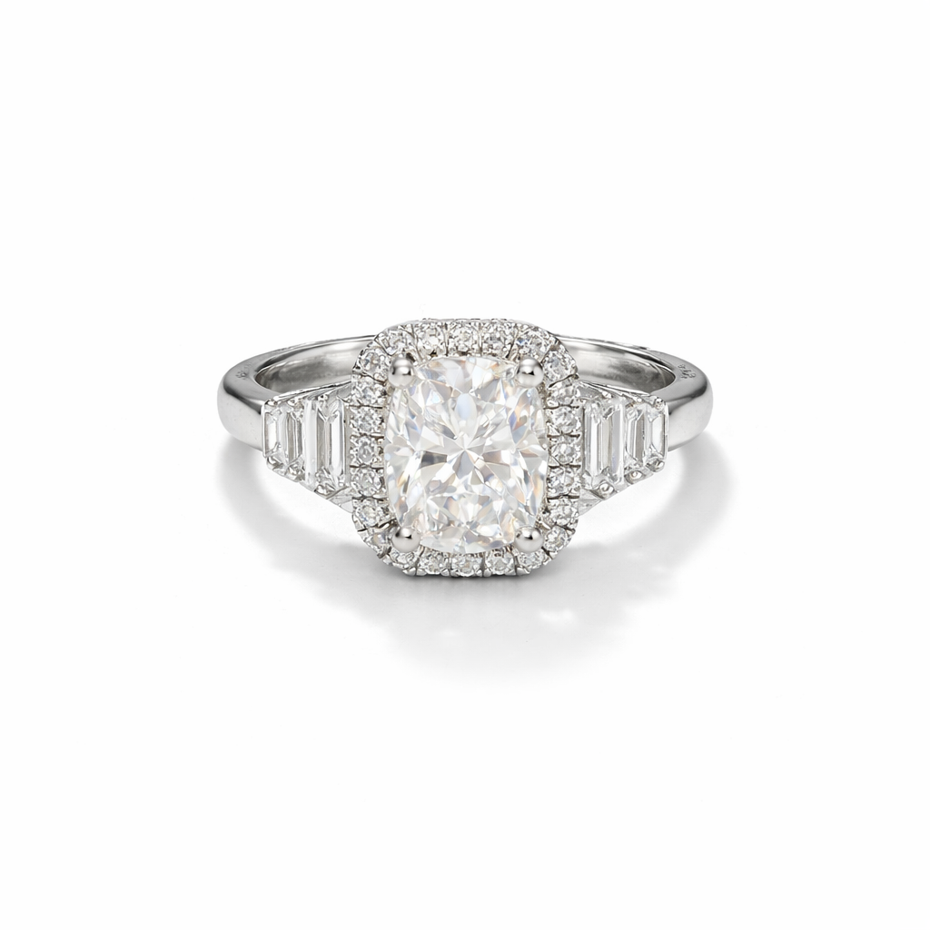 Cushion Halo Moissanite Ring with Baguette Accents – White Gold Finish