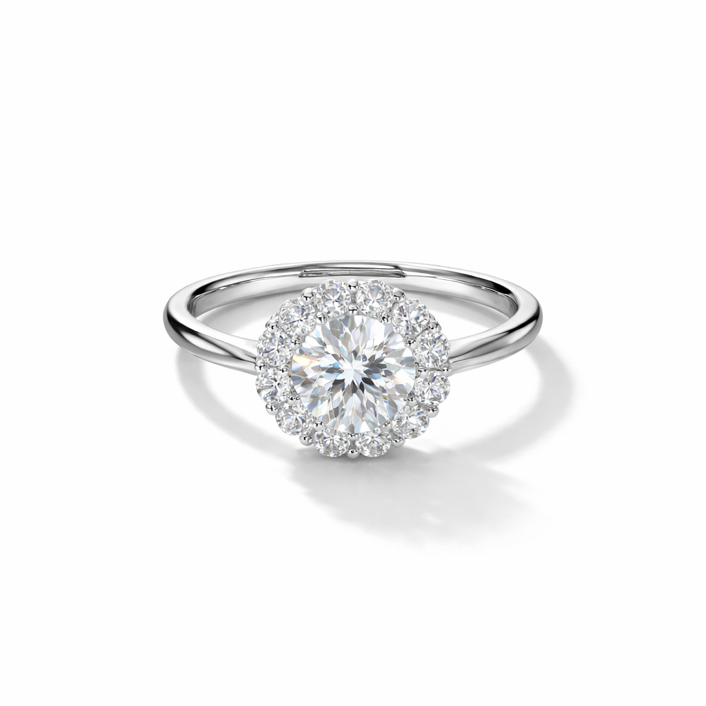 Classic Round Halo Solitaire Ring – White Gold Finish