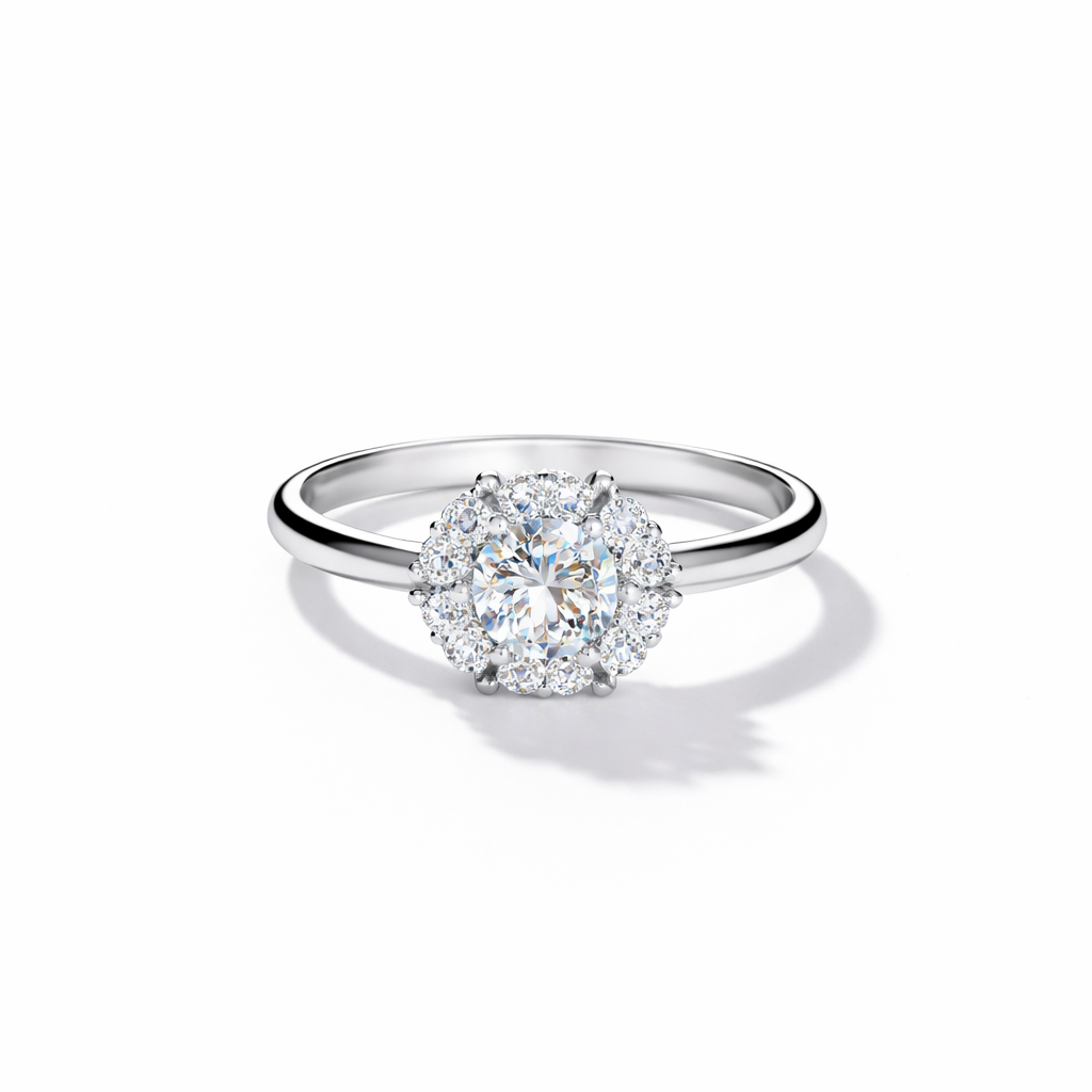 Petite Round Halo Ring – White Gold Finish