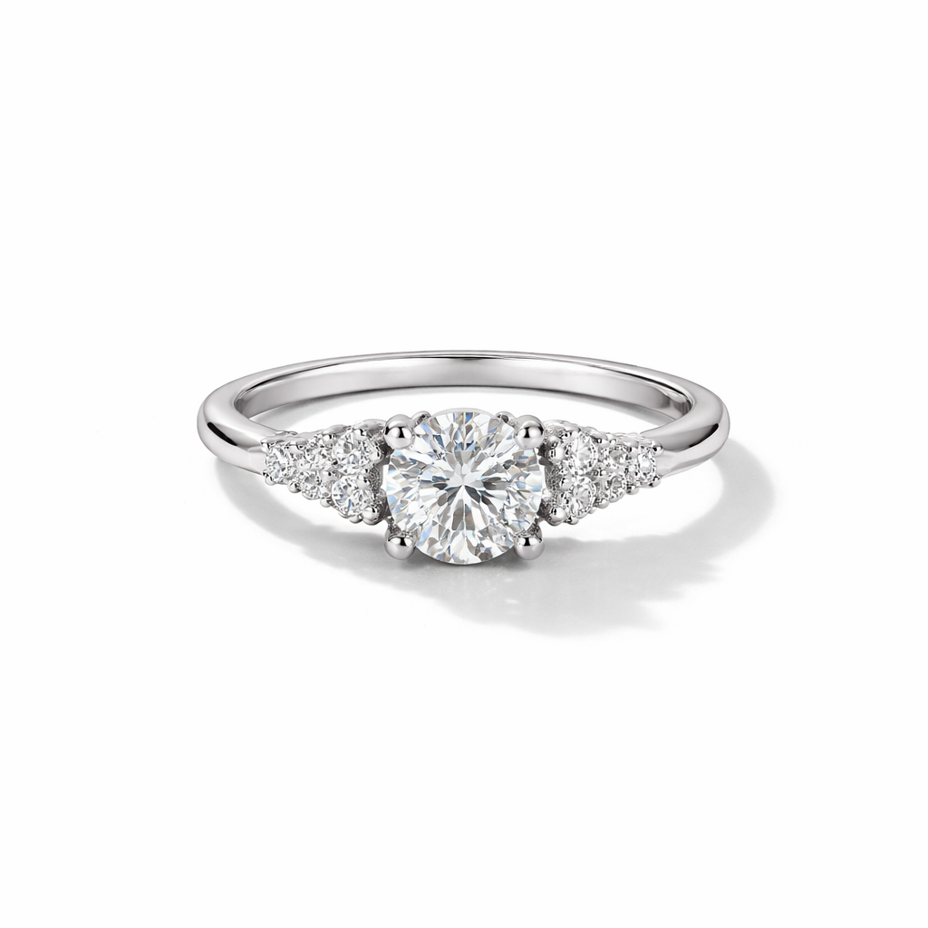 Three-Stone Round Moissanite Ring – White Gold Finish