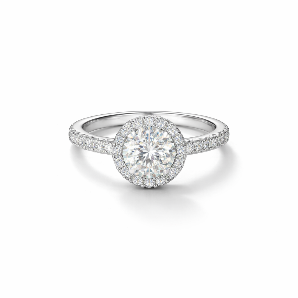 Round Halo Moissanite Engagement Ring – White Gold Finish