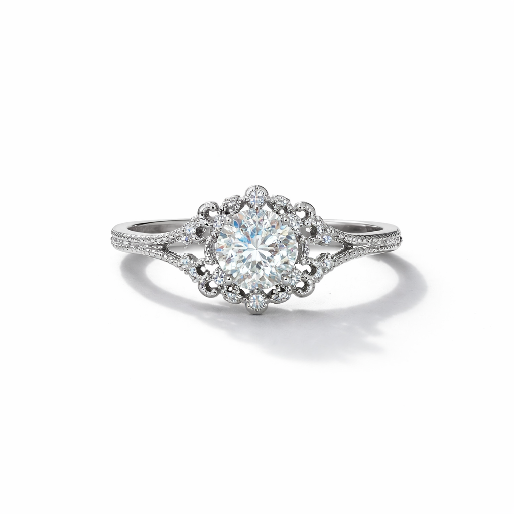 Vintage Filigree Halo Ring – White Gold Finish