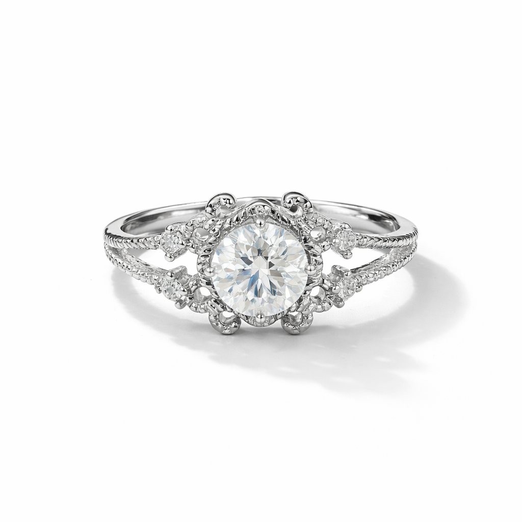 Vintage Split-Shank Halo Ring – White Gold Finish