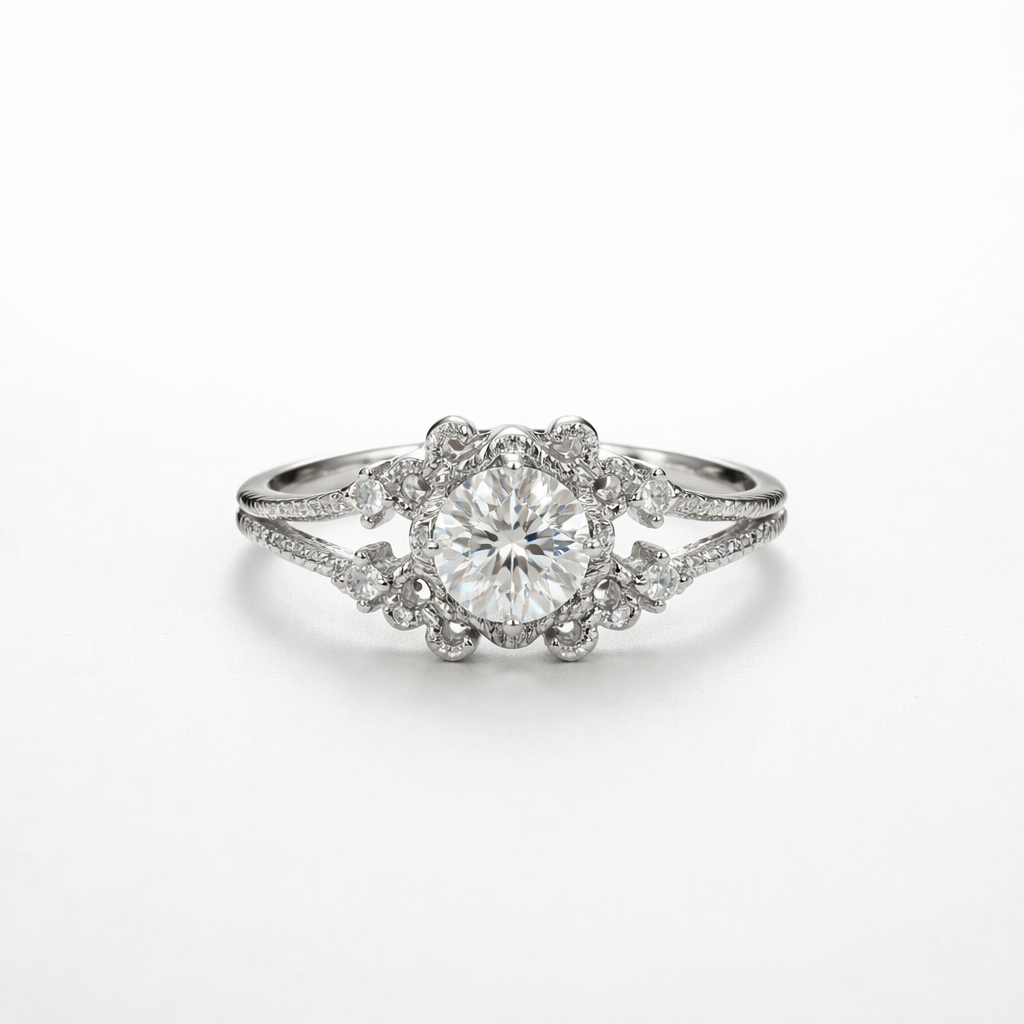 Vintage Crown Halo Ring – White Gold Finish