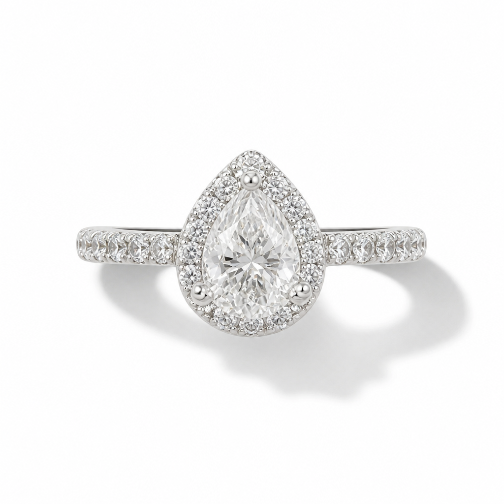 Pear Halo Moissanite Engagement Ring – White Gold Finish