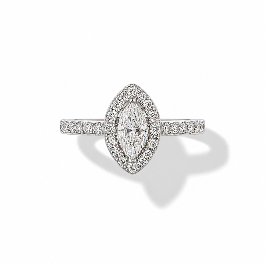 Marquise Halo Moissanite Engagement Ring – White Gold Finish