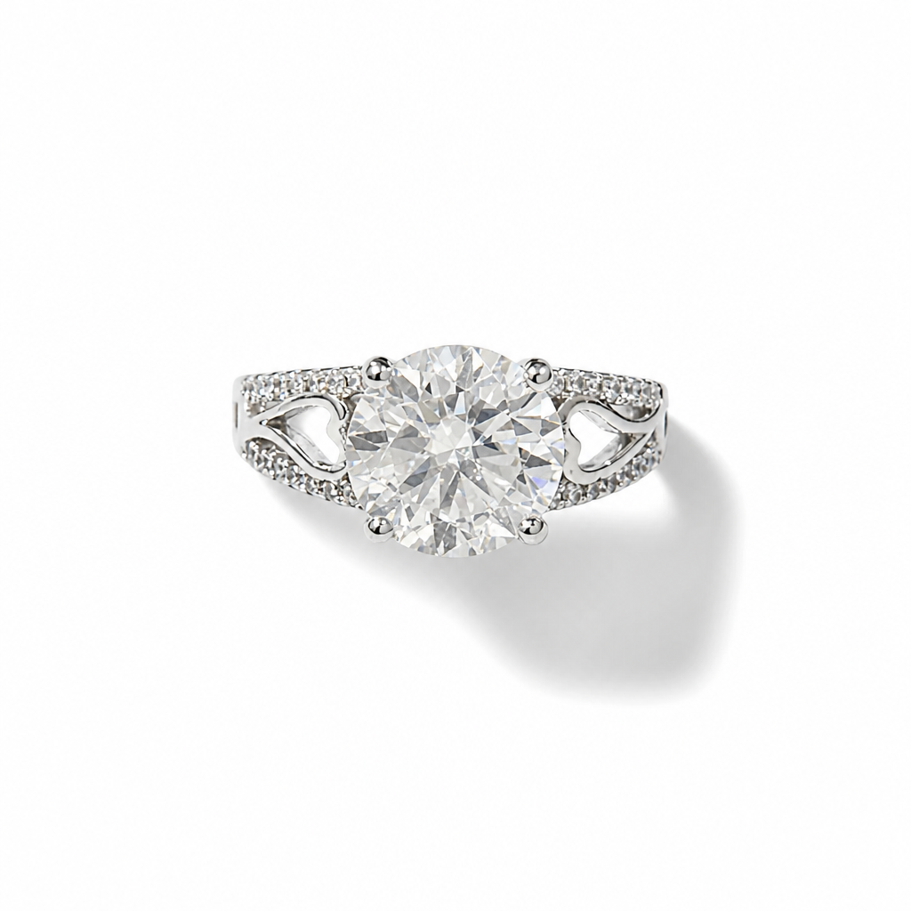 Round Moissanite Heart Detail Engagement Ring – White Gold Finish