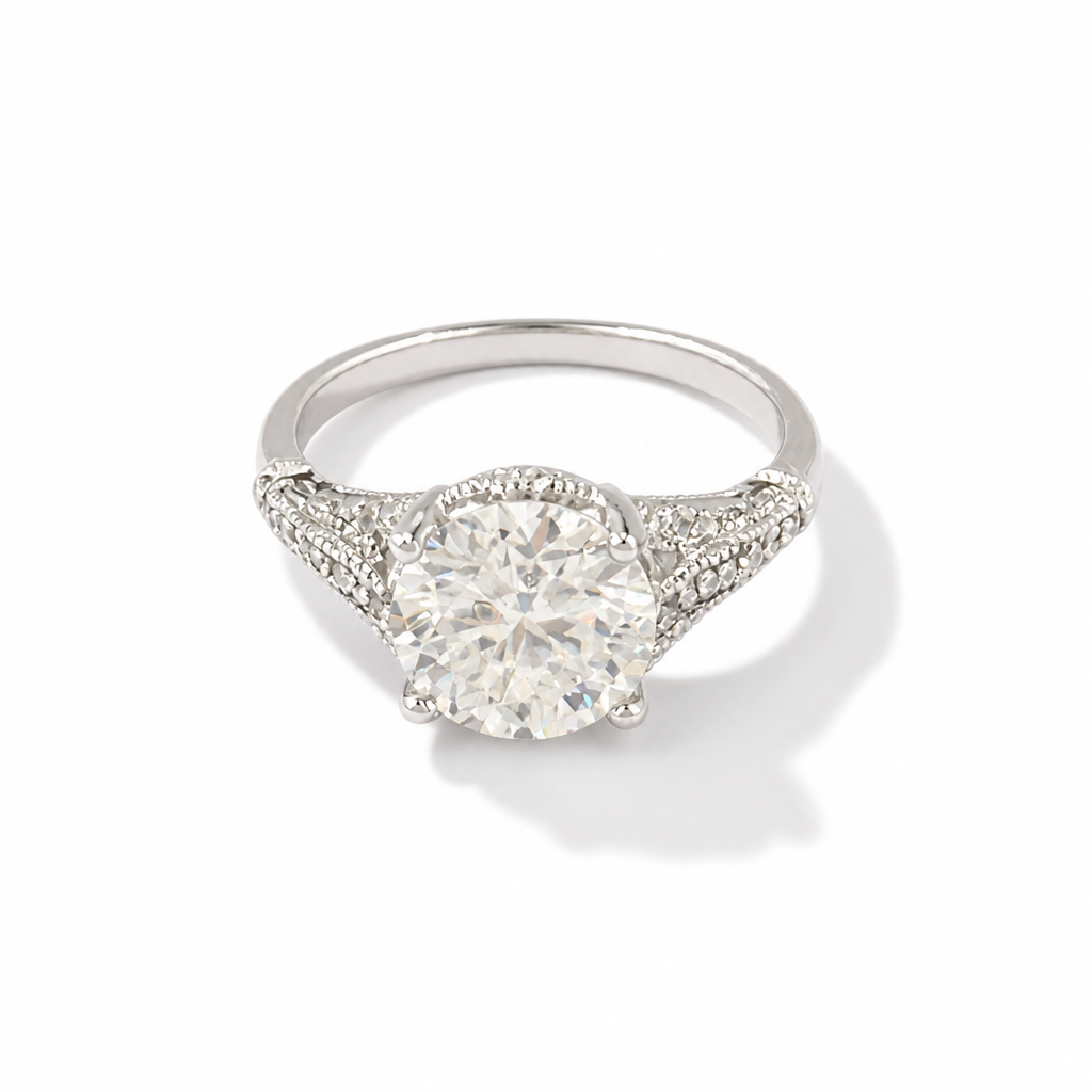 Round Moissanite Heart Detail Engagement Ring – White Gold Finish