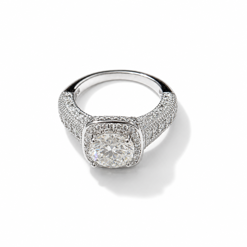 Cushion Halo Moissanite Ring – White Gold Finish Pavé Band