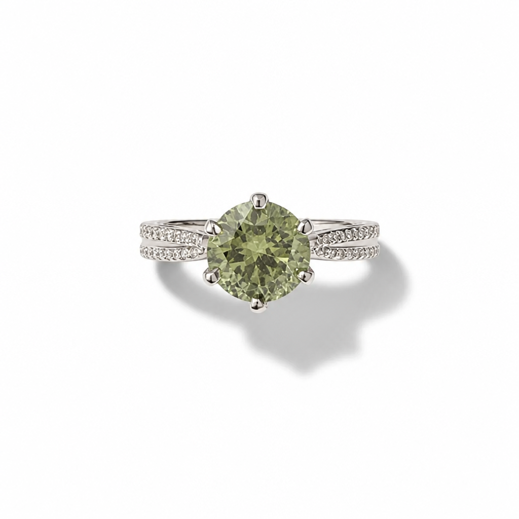 Round Green Moissanite Engagement Ring – White Gold Pavé Split Shank