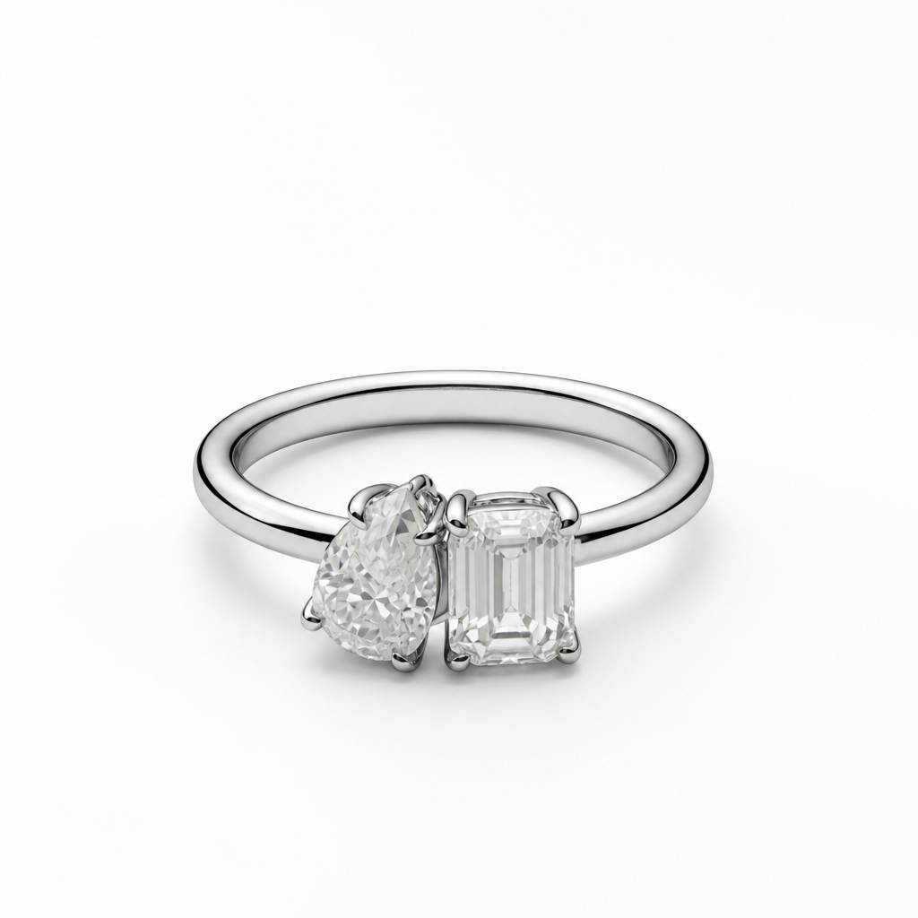 Toi et Moi Moissanite Ring – Pear & Emerald Cut White Gold Finish