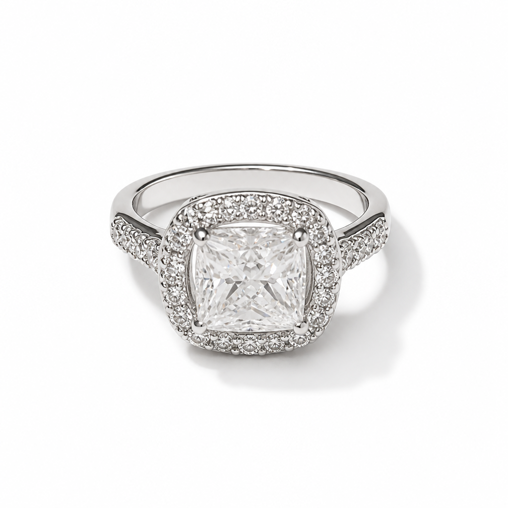 Princess-Cut Halo Moissanite Ring – White Gold Finish