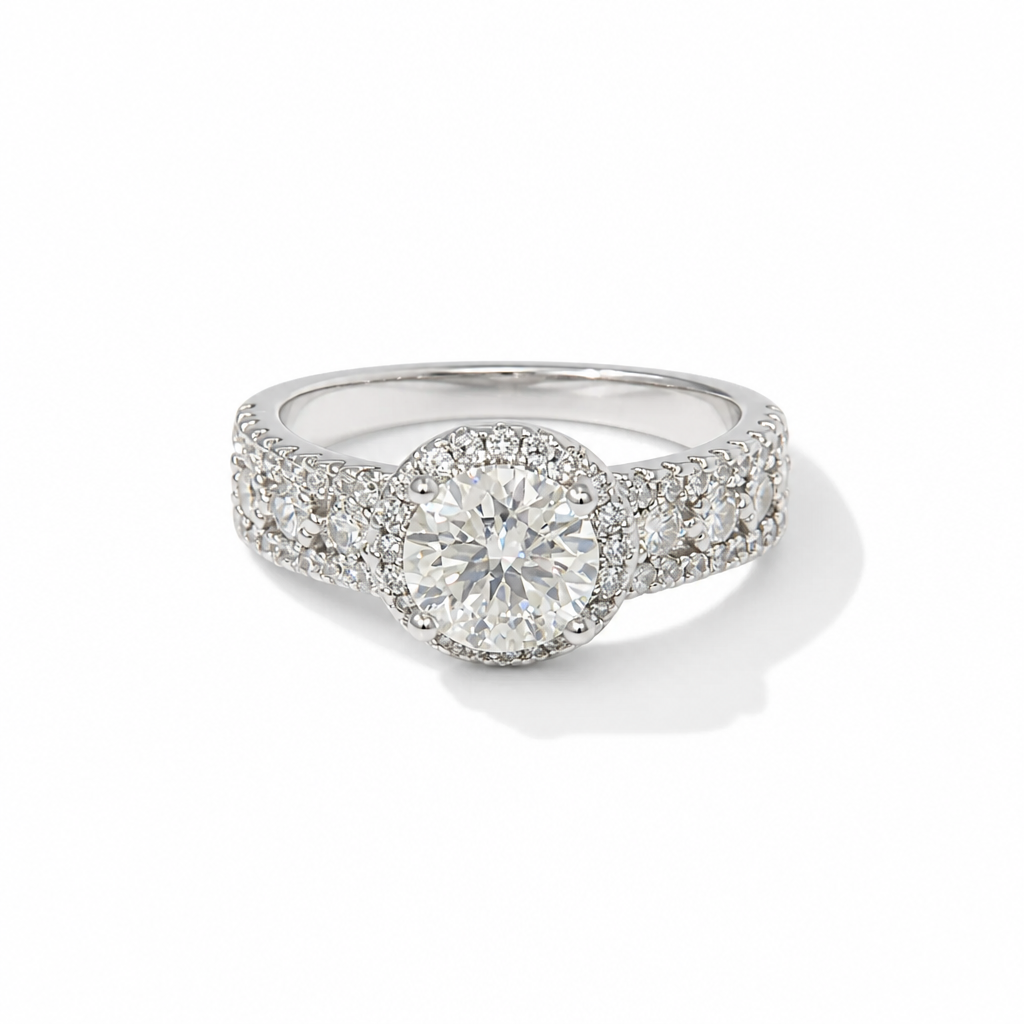 Round Halo Moissanite Engagement Ring – Pavé Diamond Band | White Gold Finish