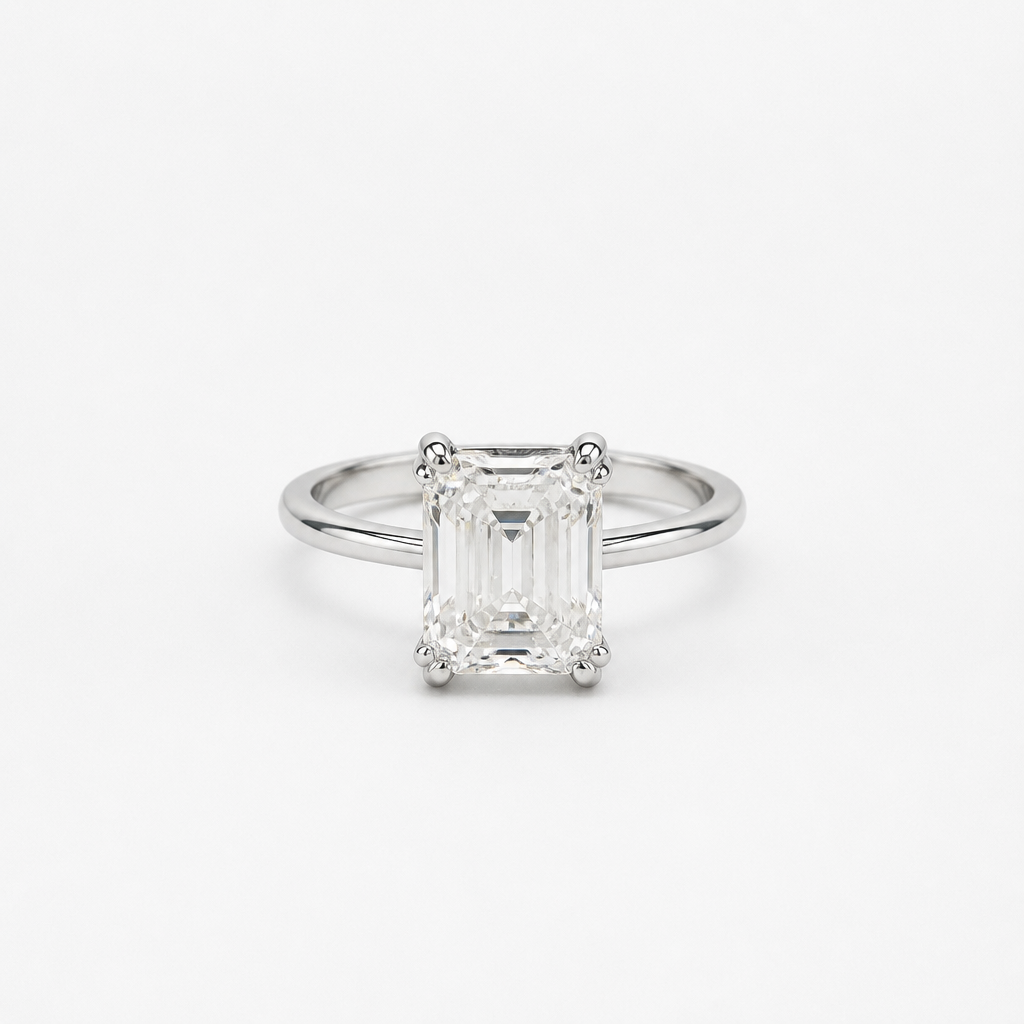 Emerald-Cut Moissanite Solitaire Ring – White Gold Finish