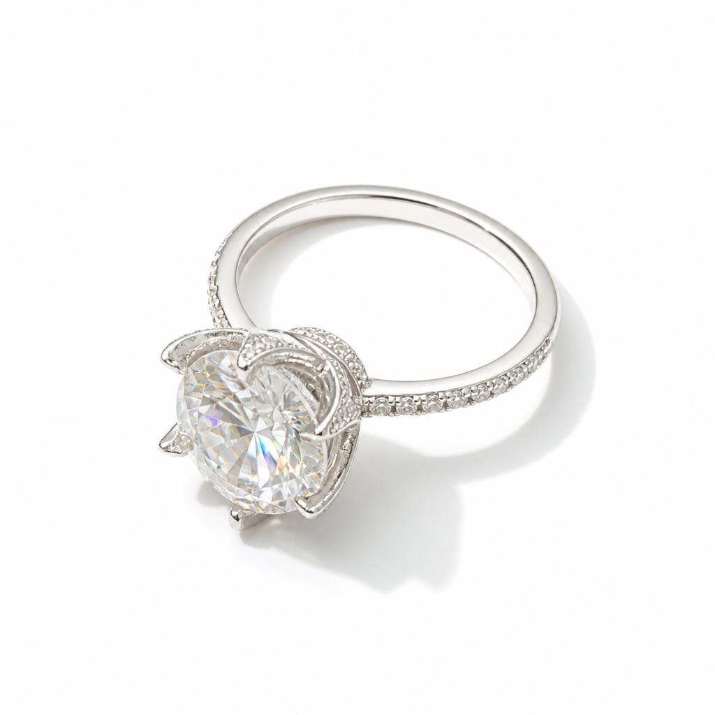 Round Brilliant Solitaire Moissanite Ring – Sterling Silver | D Color VVS1