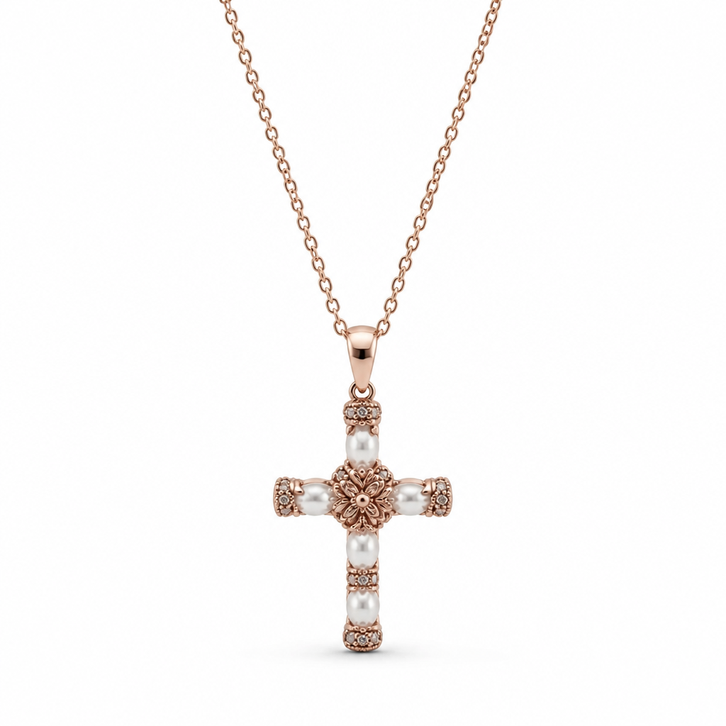 Pearl Cross Pendant Necklace – Rose Gold Finish Sterling Silver