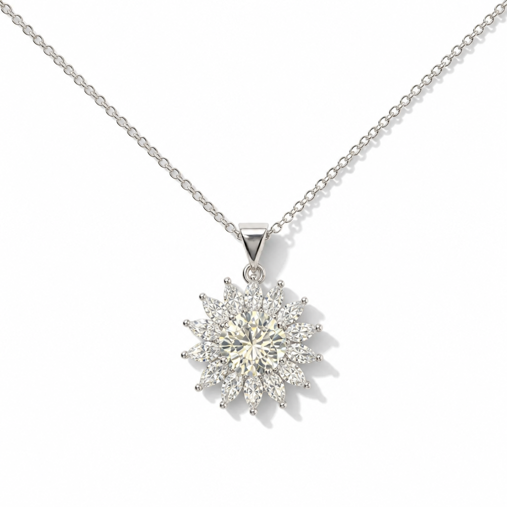 Sunburst Moissanite Pendant Necklace – Sterling Silver