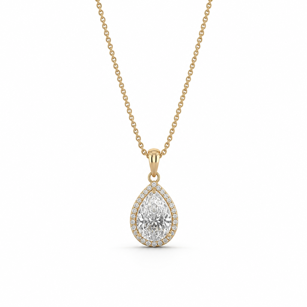 Pear Halo Moissanite Pendant Necklace – Yellow Gold Finish Sterling Silver