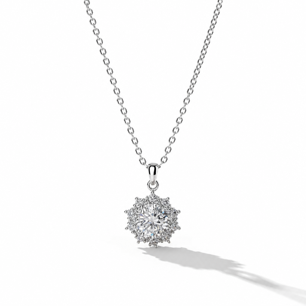 Floral Halo Moissanite Pendant Necklace – Sterling Silver