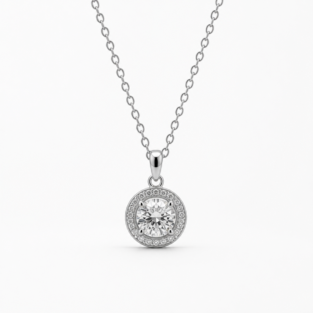 Round Halo Moissanite Pendant Necklace – Sterling Silver