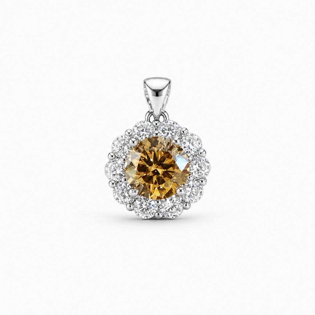 Champagne Round Halo Pendant Necklace – Sterling Silver