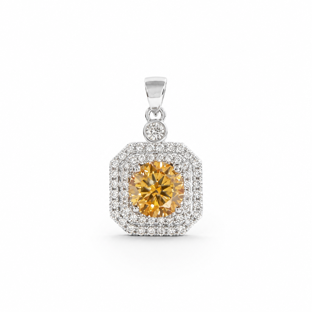 Champagne Cushion Halo Pendant Necklace – Sterling Silver