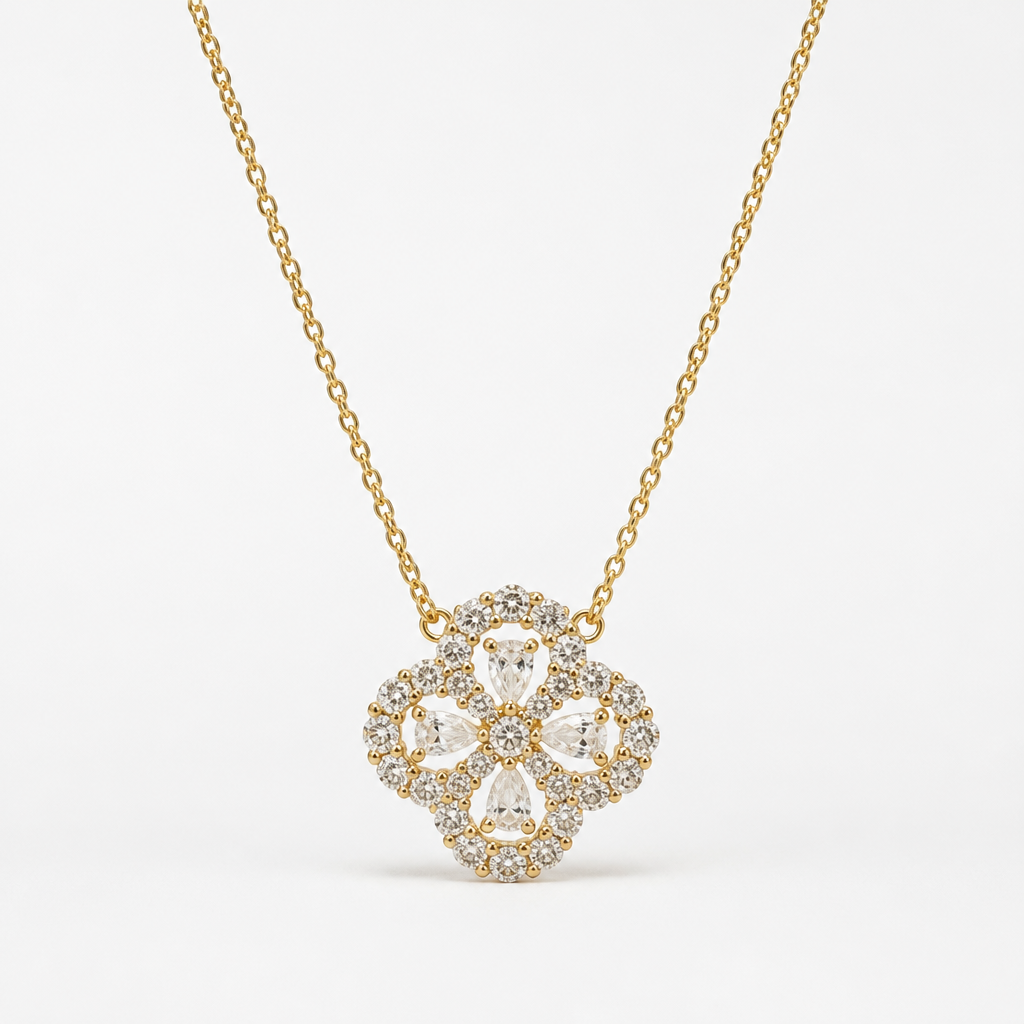 Clover Pavé Pendant Necklace – Yellow Gold Finish Sterling Silver