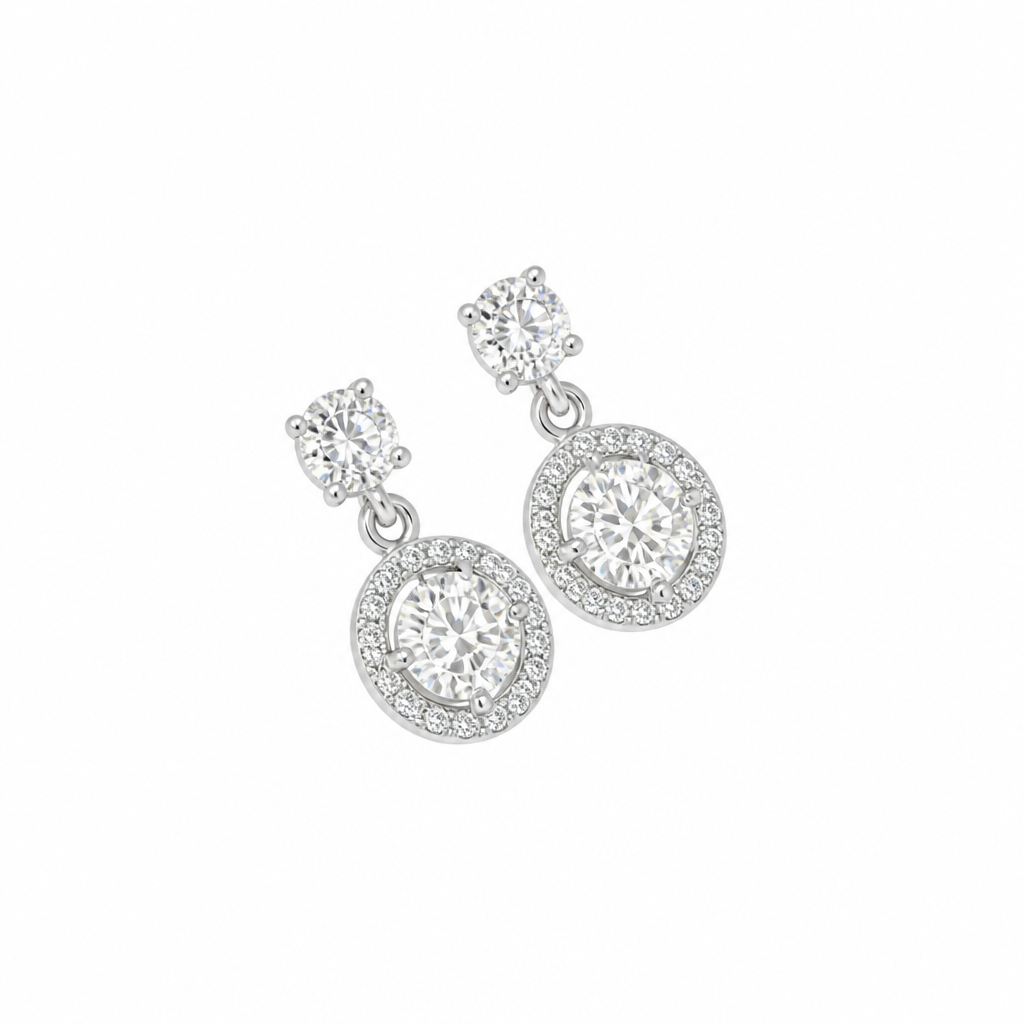 Round Halo Moissanite Drop Earrings – Sterling Silver