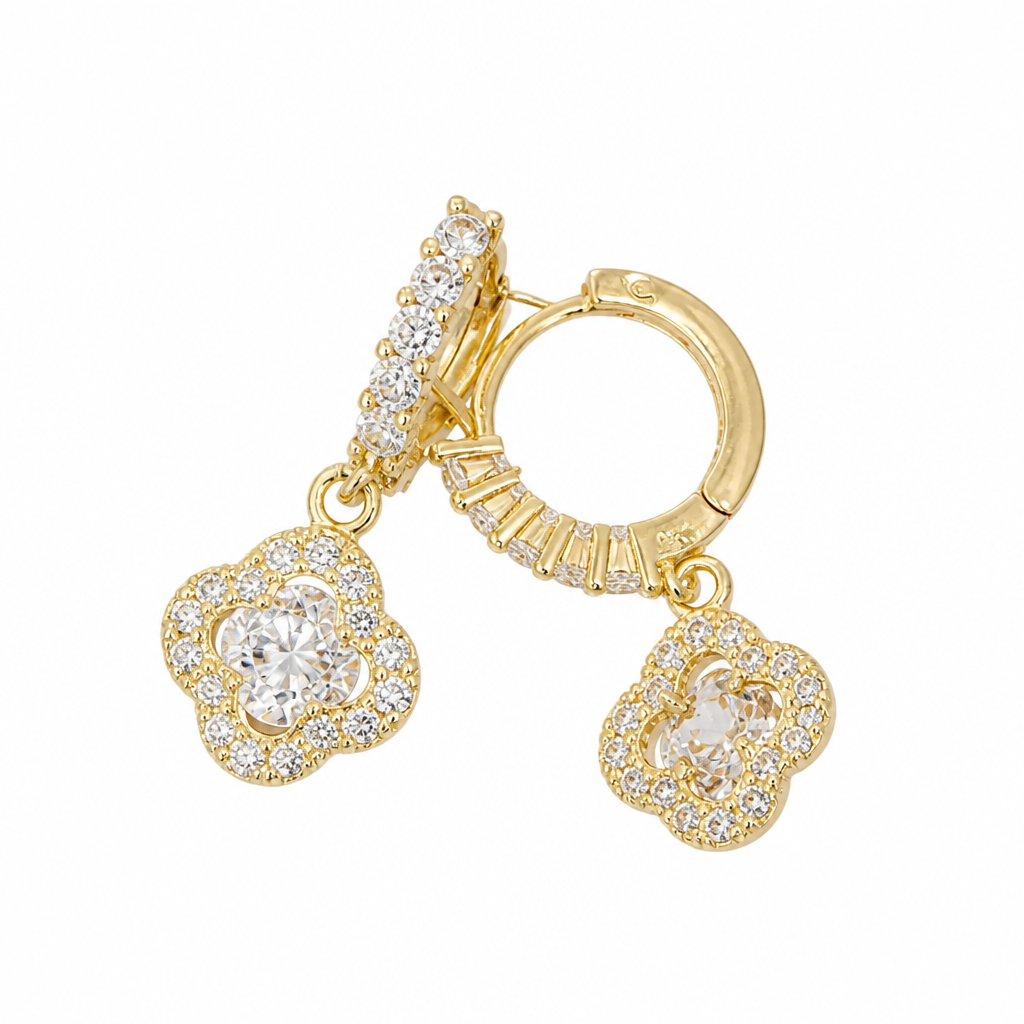 Clover Moissanite Huggie Drop Earrings – Yellow Gold Finish Sterling Silver