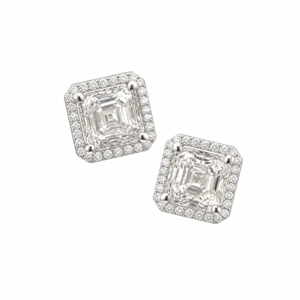 Asscher Halo Moissanite Stud Earrings – Sterling Silver