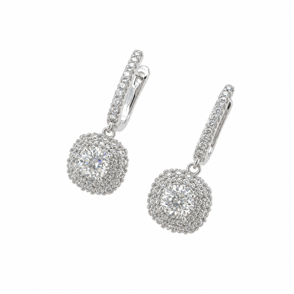 Pavé Halo Huggie Drop Earrings – Sterling Silver