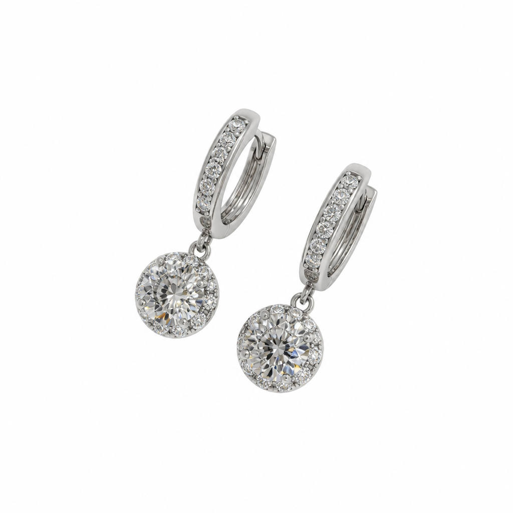 Round Halo Huggie Drop Earrings – Sterling Silver