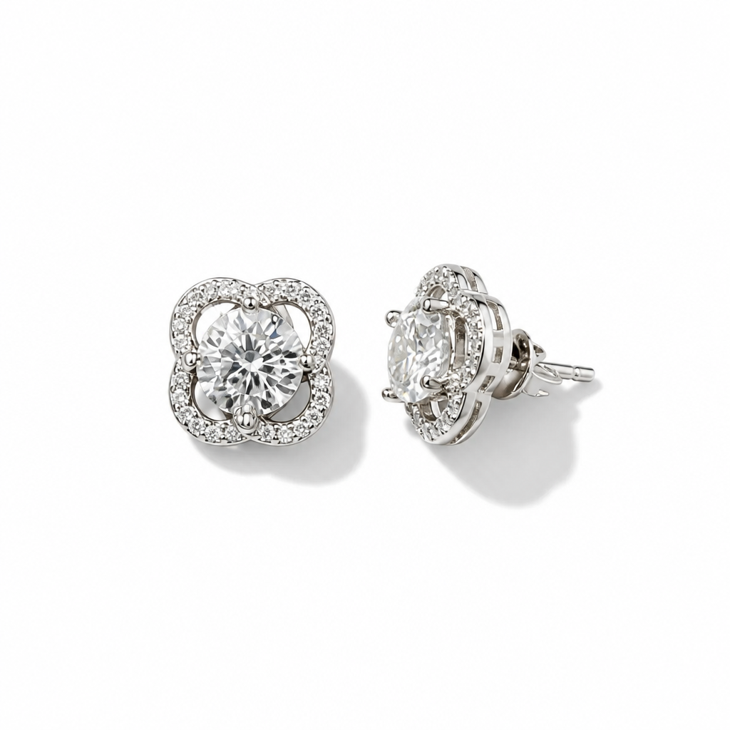 Clover Halo Moissanite Stud Earrings – Sterling Silver