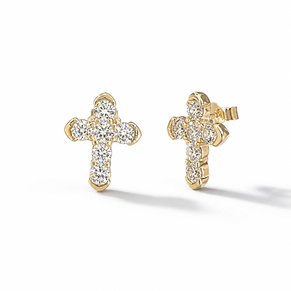 Cross Moissanite Stud Earrings – Yellow Gold Finish Sterling Silver