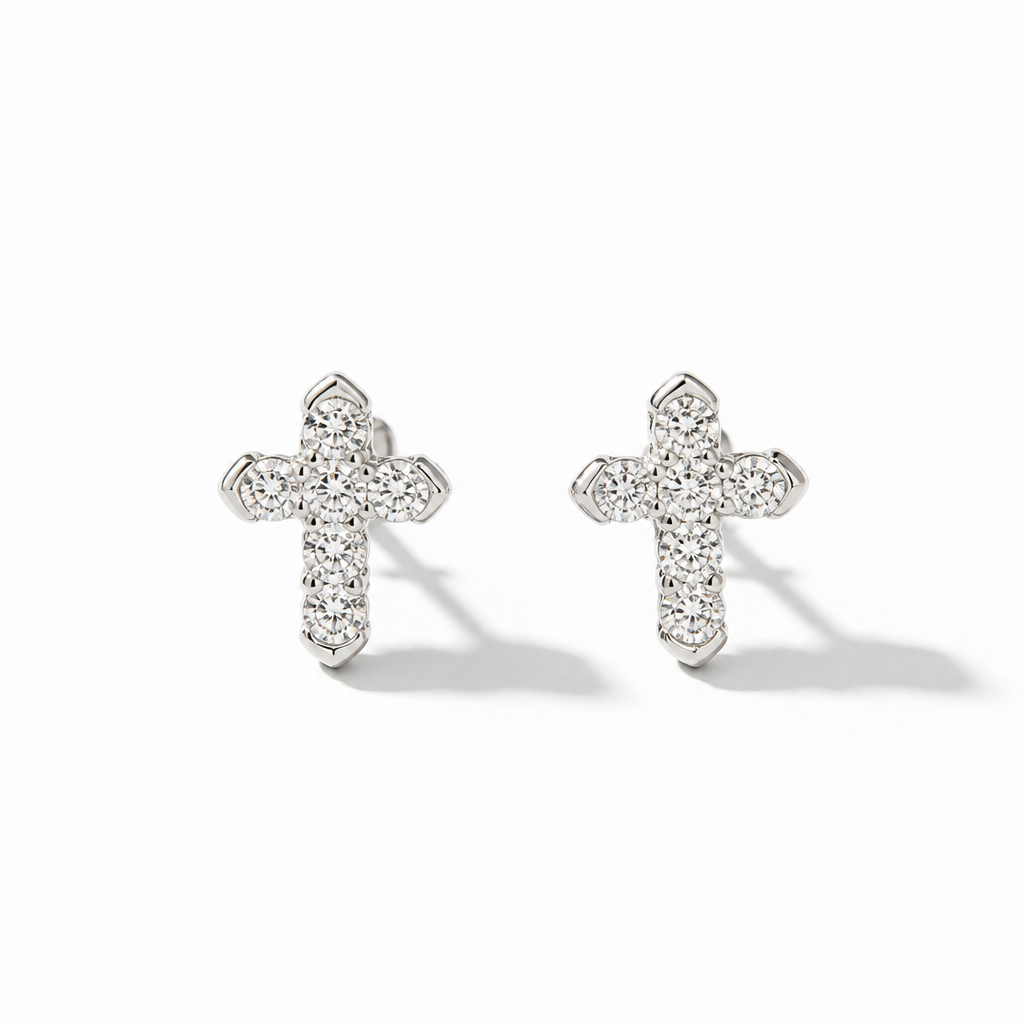 Cross Moissanite Stud Earrings – Sterling Silver