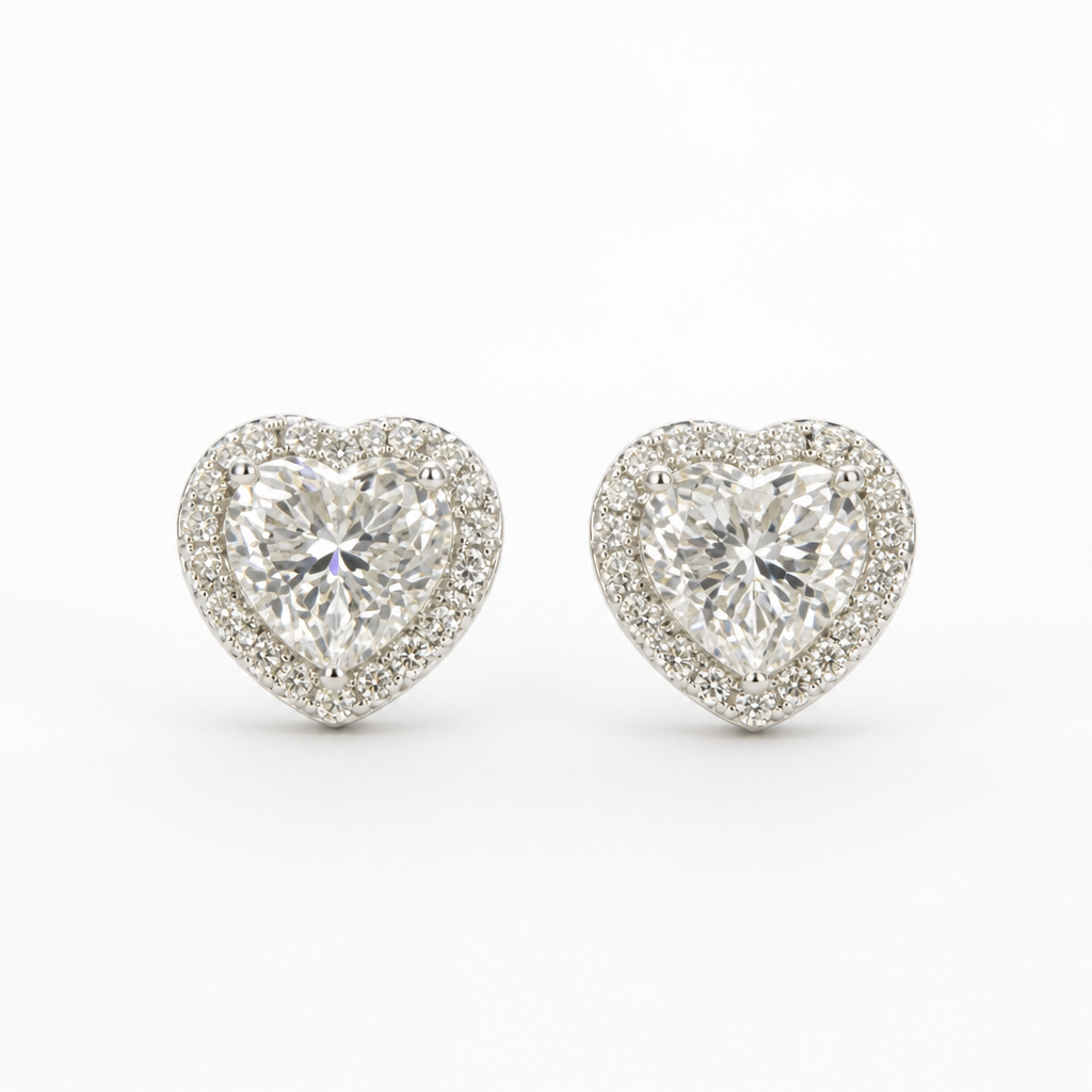 Heart Halo Moissanite Stud Earrings – Sterling Silver