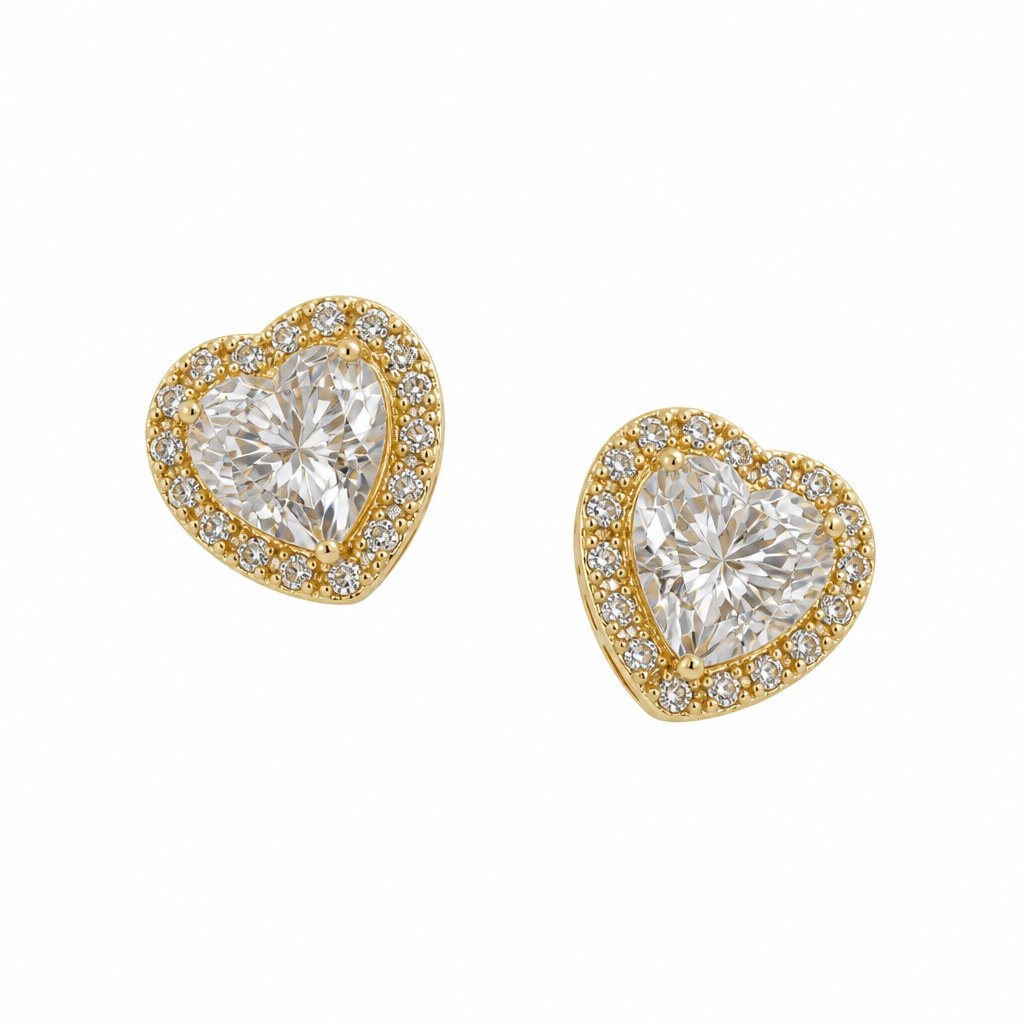 Heart Halo Moissanite Stud Earrings – Yellow Gold Finish Sterling Silver