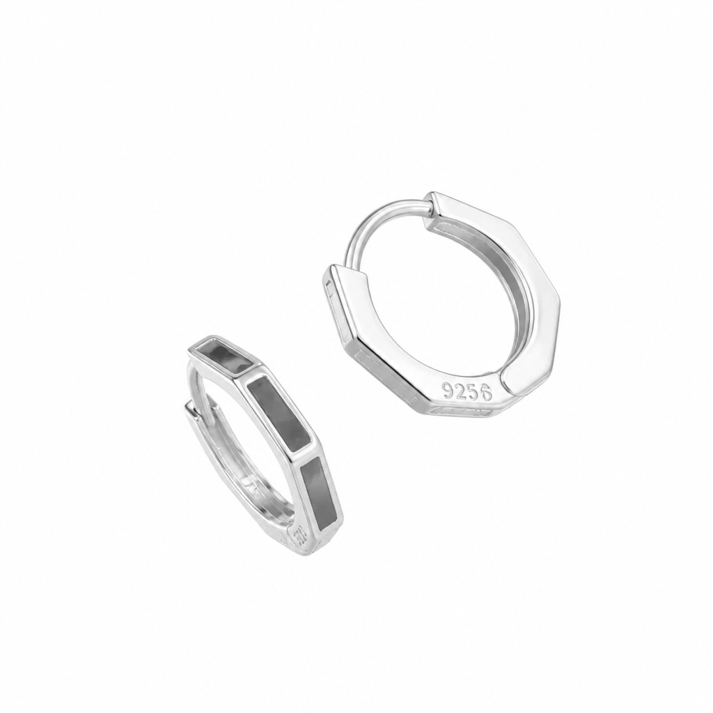 Geometric Inlay Hoop Earrings – Sterling Silver