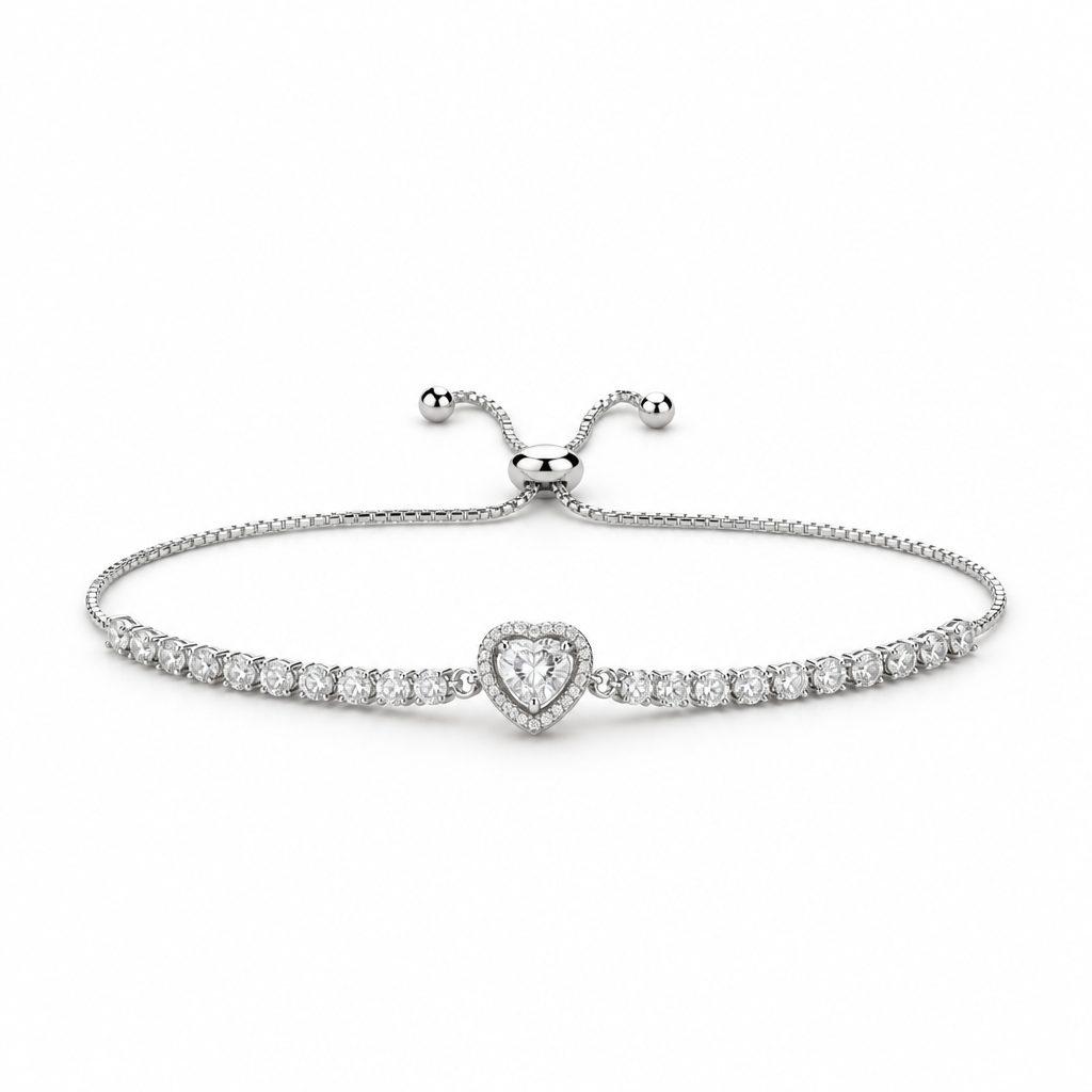 Heart Halo Moissanite Bolo Bracelet – Sterling Silver