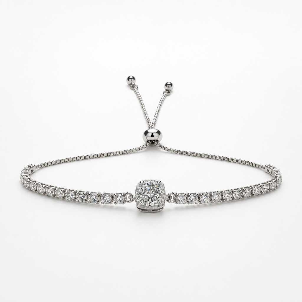 Cushion Halo Moissanite Bolo Bracelet – Sterling Silver