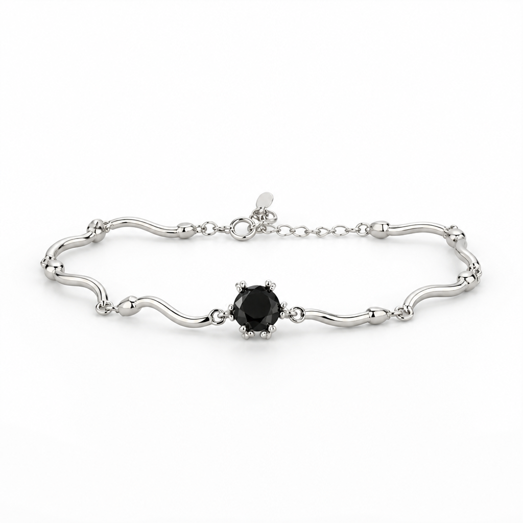 Black Stone Wave Link Bracelet – Sterling Silver
