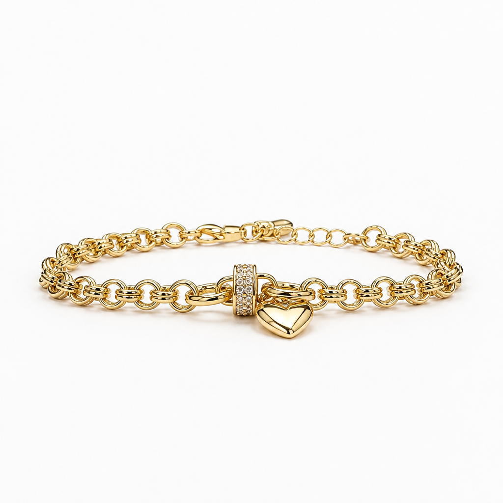 Heart Charm Chain Bracelet – Yellow Gold Finish Sterling Silver
