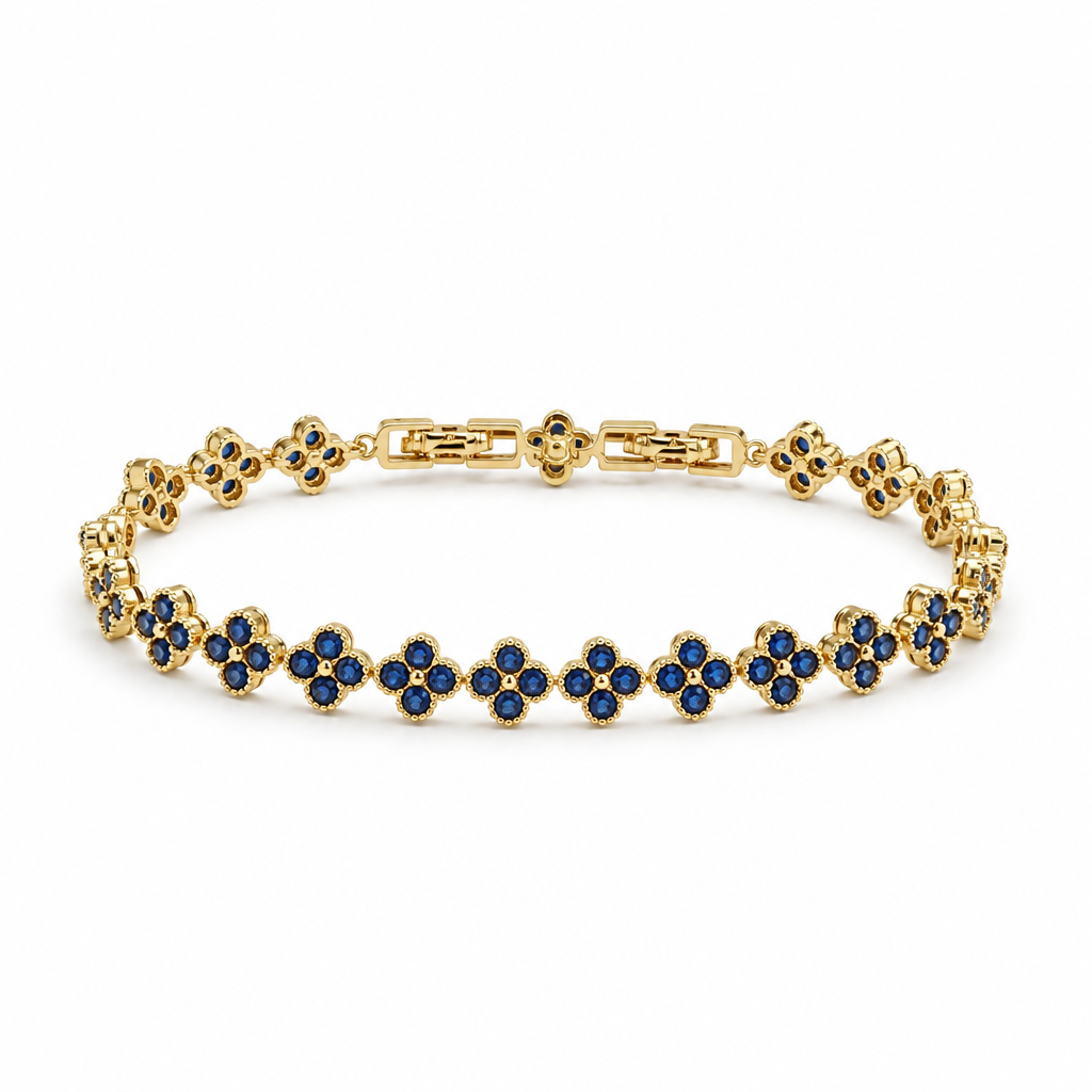Blue Clover Station Bracelet – Yellow Gold Finish Sterling Silver